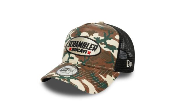 Scrambler Ducati Motor Logo Cream 9FORTY E-Frame Trucker Cap Scrambler Ducati Motor logo patch on front Patterned front panels and visor top New Era Flag embroidered on left Structured crown Snapback Curved visor Black undervisor Mesh back and sides 50% COTTON, 50% POLYESTER