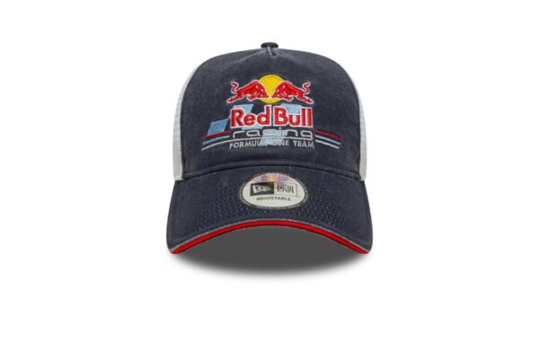 Structured E-Frame design with high crown Embroidered retro Red Bull Racing Formula One Team logo on front panel Breathable white mesh panels at the back for ventilation Adjustable plastic snapback closure Curved visor for sun protection New Era flag embroidered on the left side One size fits most Color: Navy front with white mesh
