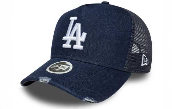 Women  LA Dodgers Trucker Cap LA Dodgers logo on front New Era Flag embroidered on left Structured crown Snapback Curved visor  Made with denim fabric 65% POLYESTER, 35% COTTON