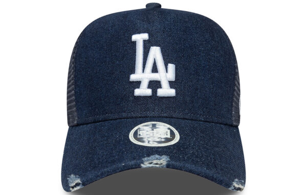 Women  LA Dodgers Trucker Cap LA Dodgers logo on front New Era Flag embroidered on left Structured crown Snapback Curved visor  Made with denim fabric 65% POLYESTER, 35% COTTON