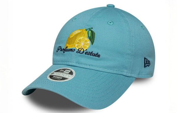 Women New Era Phrase Pastel Blue 9TWENTY Cap Lemon graphic with Profumo D'estate (Smells of Summer) wordmark in Italian on front New Era Flag embroidered on left Unstructured crown Strapback Curved visor 100% COTTON Product ID: 60691297