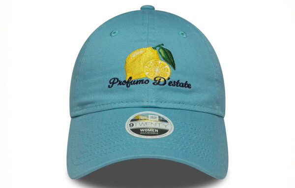 Women New Era Phrase Pastel Blue 9TWENTY Cap Lemon graphic with Profumo D'estate (Smells of Summer) wordmark in Italian on front New Era Flag embroidered on left Unstructured crown Strapback Curved visor 100% COTTON Product ID: 60691297