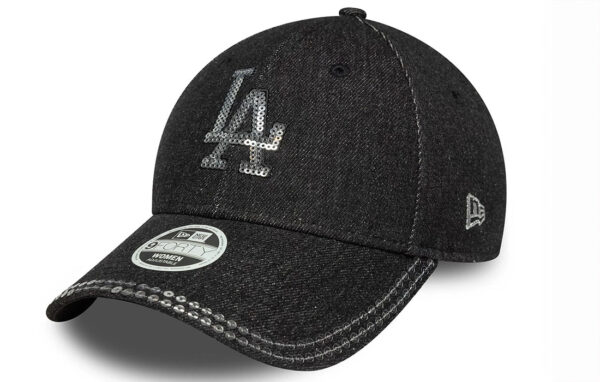 Women MLB Sequin LA Dodgers Black 9FORTY Cap LA Dodgers logo in sequins on front New Era Flag embroidered on left Structured crown Strapback Curved visor with sequins on brim Made with denim fabric 65% POLYESTER, 35% COTTON