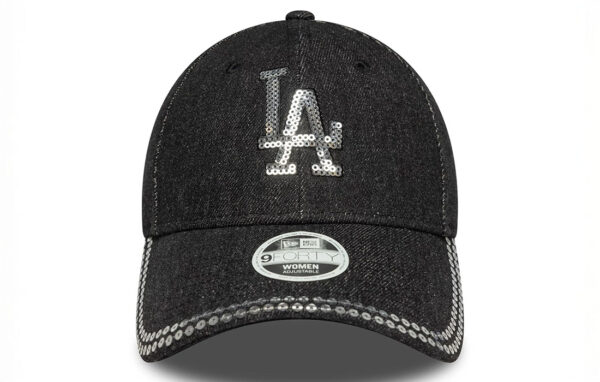 Women MLB Sequin LA Dodgers Black 9FORTY Cap LA Dodgers logo in sequins on front New Era Flag embroidered on left Structured crown Strapback Curved visor with sequins on brim Made with denim fabric 65% POLYESTER, 35% COTTON