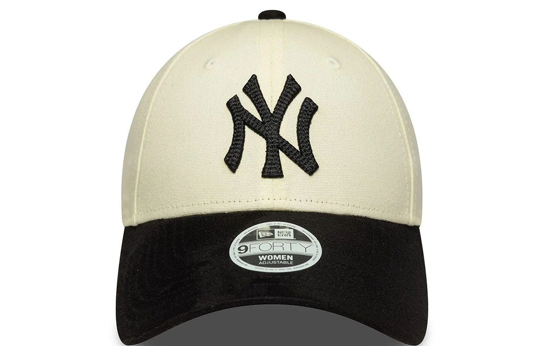 60758962_1_front Women MLB Faux Suede New York Yankees Light Beige 9FORTY Cap New York Yankees logo on front New Era Flag embroidered on left Structured crown Strapback Curved navy faux suede visor Navy undervisor 100% COTTON Product ID: 60758962