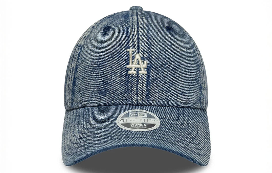 60758965_1 front Womens MLB Denim LA Dodgers Blue 9TWENTY Cap LA Dodgers mini logo on front New Era Flag embroidered on left Unstructured crown Strapback Curved visor Made with washed effect denim fabric 65% POLYESTER, 35% COTTON