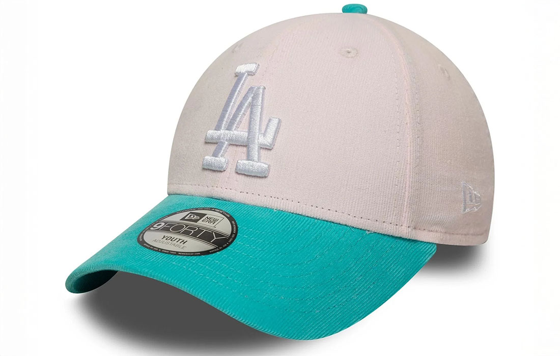 60759051 side Youth MLB Cord LA Dodgers Pastel Pink 9FORTY Cap LA Dodgers logo on front New Era Flag embroidered on left Structured crown Strapback Curved cord turquoise visor Turquoise undervisor Made with micro cord fabric 100% COTTON Product ID: 60759051