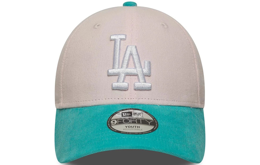 60759051_front Youth MLB Cord LA Dodgers Pastel Pink 9FORTY Cap LA Dodgers logo on front New Era Flag embroidered on left Structured crown Strapback Curved cord turquoise visor Turquoise undervisor Made with micro cord fabric 100% COTTON Product ID: 60759051