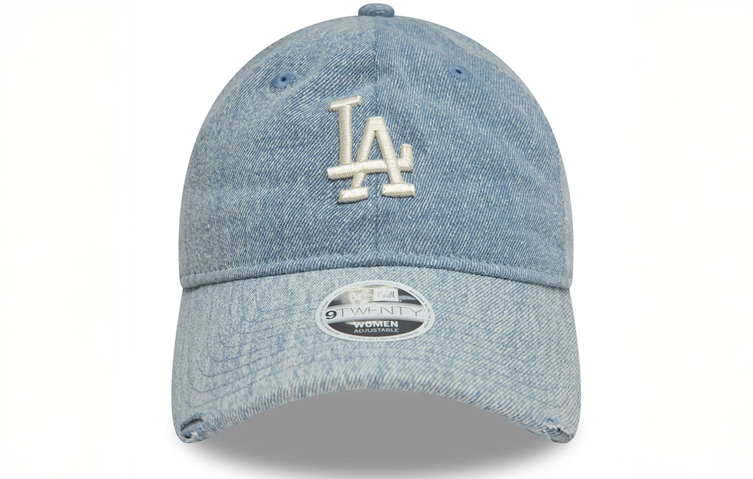 new-era-sapca-60595376-albastru-front Women Acid Denim 9TWENTY cap LA Dodgers logo on front New Era Flag embroidered on left Unstructured crown Strapback Curved visor 100% COTTON
