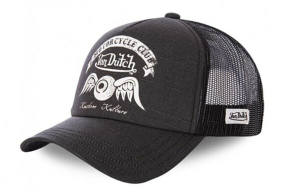 Classic trucker cap design Mesh back panel for breathability Distinctive Von Dutch logo Cool motorcycle design Adjustable strap