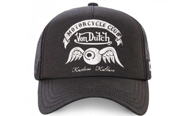 Classic trucker cap design Mesh back panel for breathability Distinctive Von Dutch logo Cool motorcycle design Adjustable strap