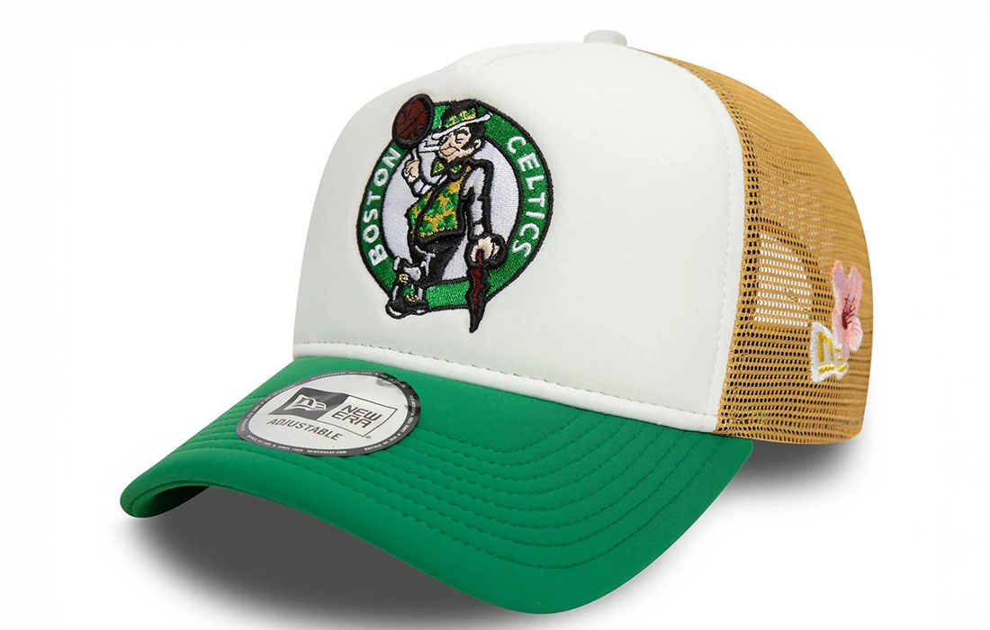 60595276 side Boston Celtics Foam Trucker Cap Boston Celtics logo on front New Era Flag embroidered on left Floral Embroidery on the back Foam Crown Snapback Curved visor Mesh back and sides NYLON, ELASTANE Product ID: 60595276